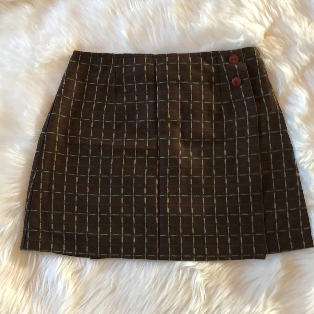 Vintage American Outpost wrap around mini skirt brown plaid size 11/12